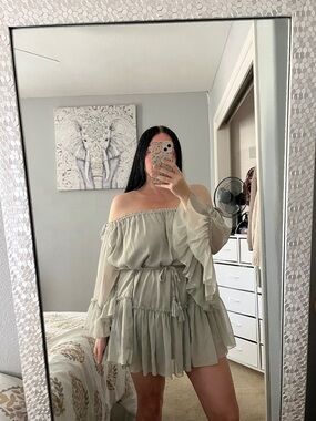 Off-Shoulder Sage Green Ruffle Tiered Mini Dress S Small M Medium